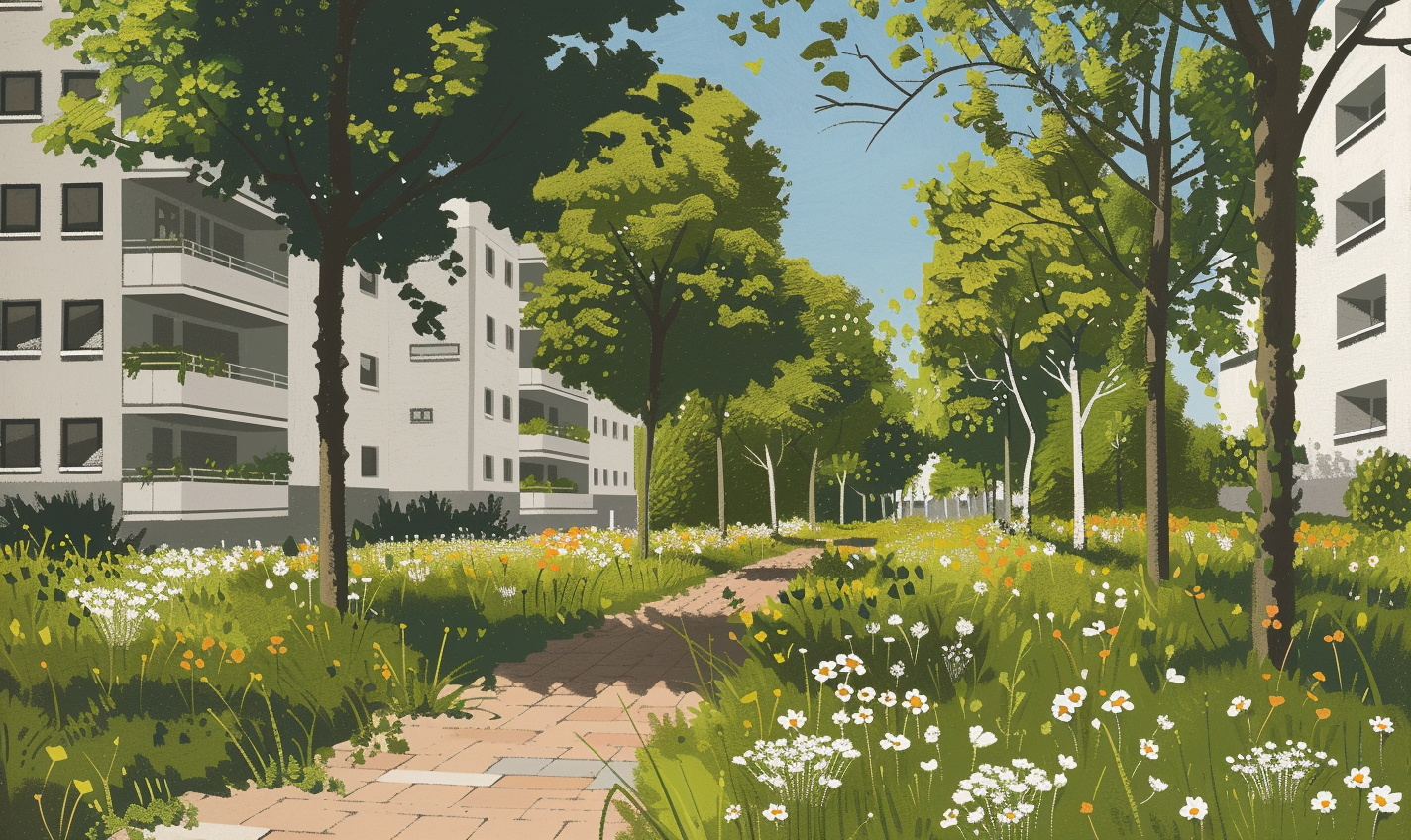 Blossoming Chestnut Trees on Brick Footpath