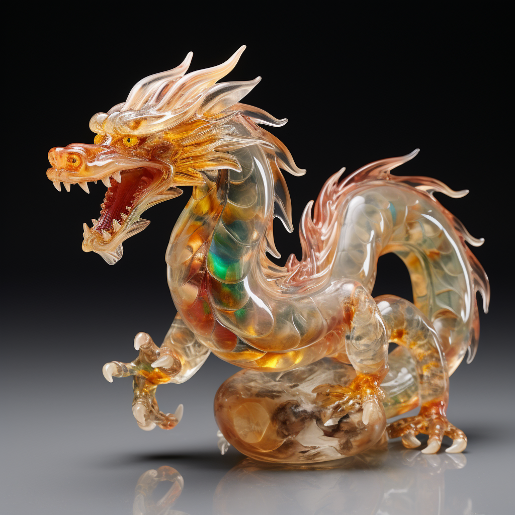 Colorful blown glass dragon with quartz tail on gold onyx