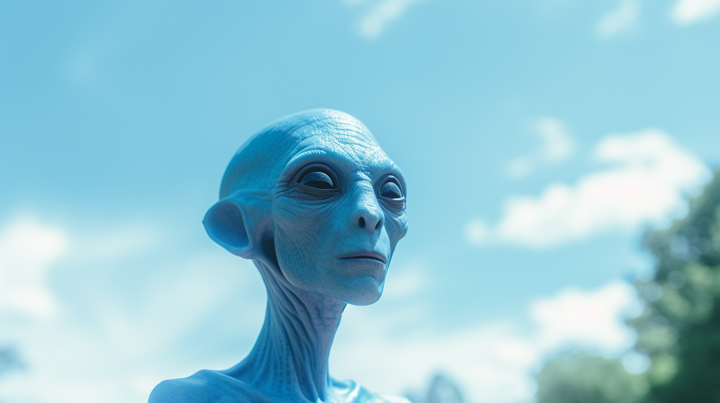 Blue alien levitating and gazing at the galactic sky