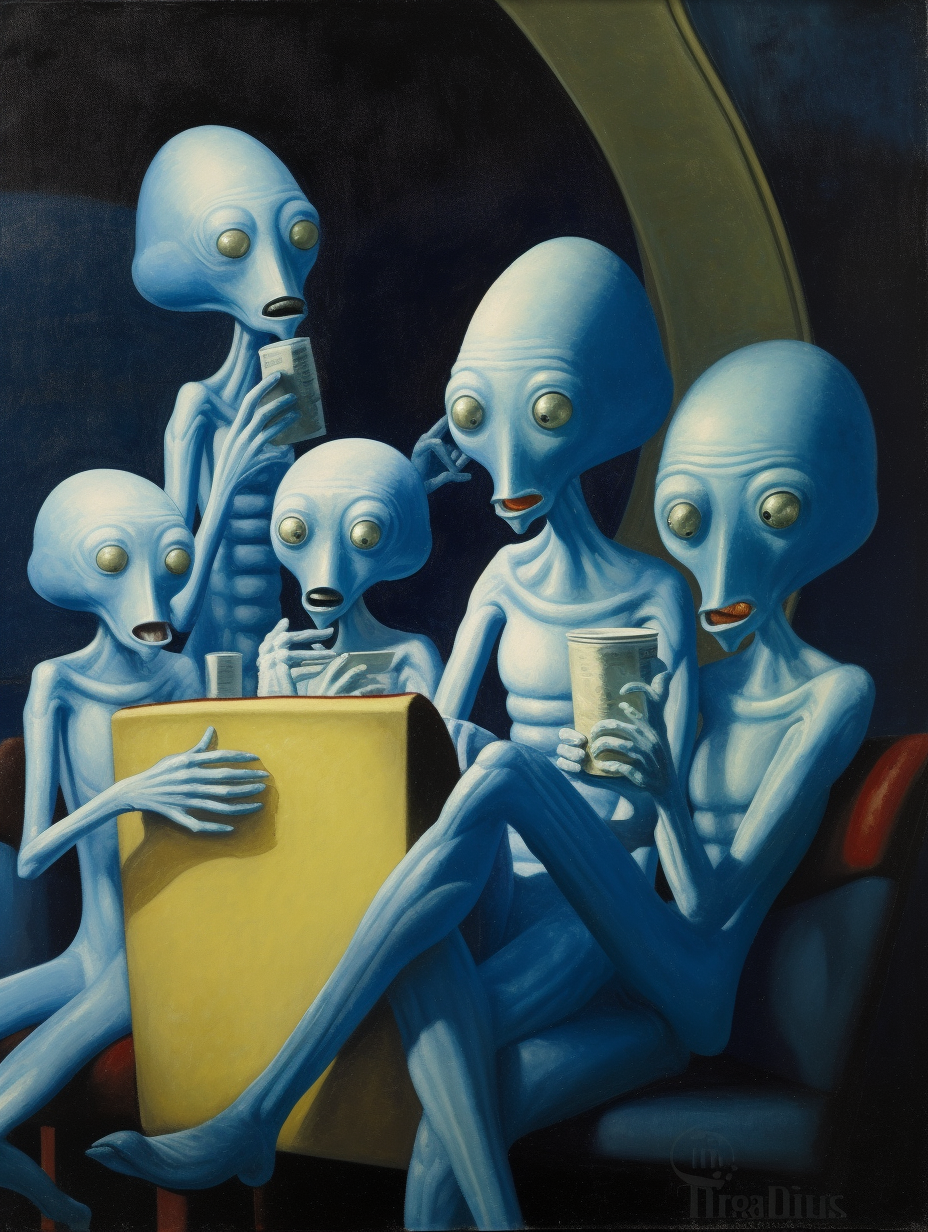 Group of blue aliens enjoying popcorn in a spaceship