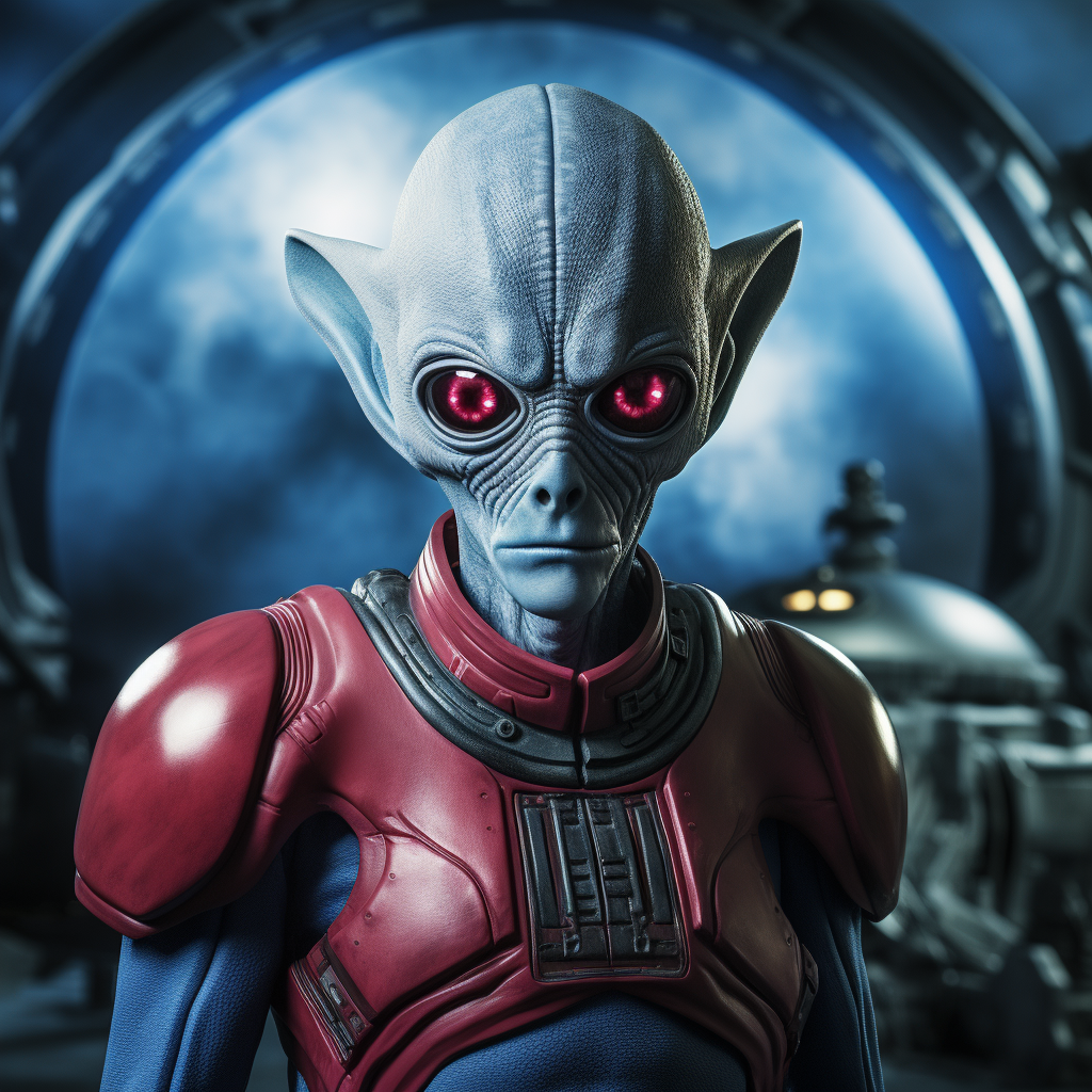 Three-foot-tall blue alien with red shield