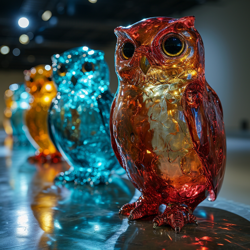 Blue and red owl sculptures art exhibition