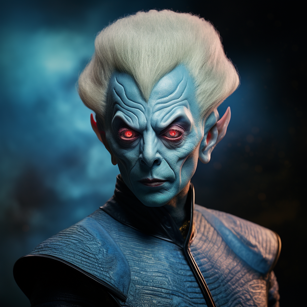 Blue-skinned Andorian Tim Curry in red uniform