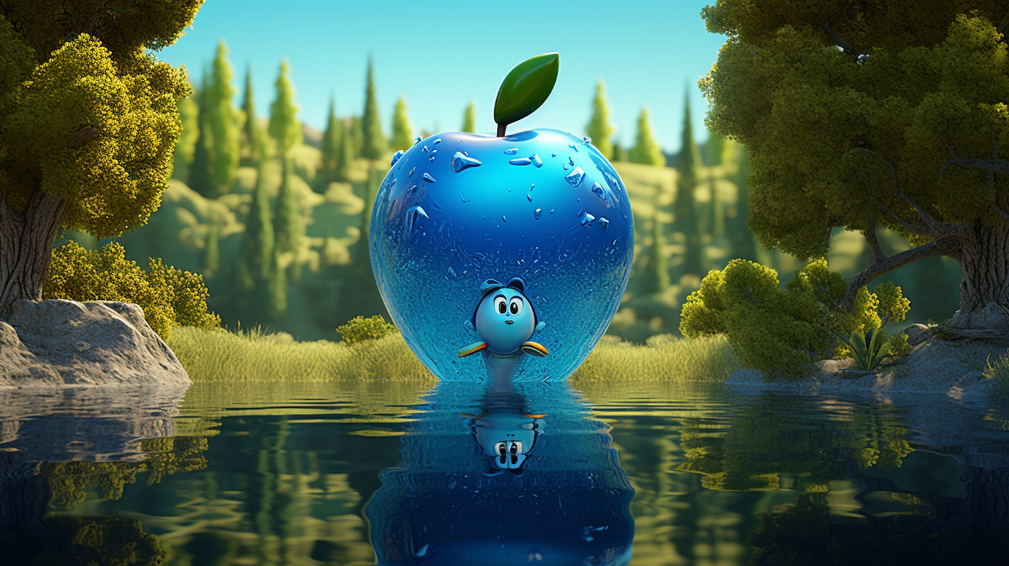 Blue apple character reflecting by sparkling pond