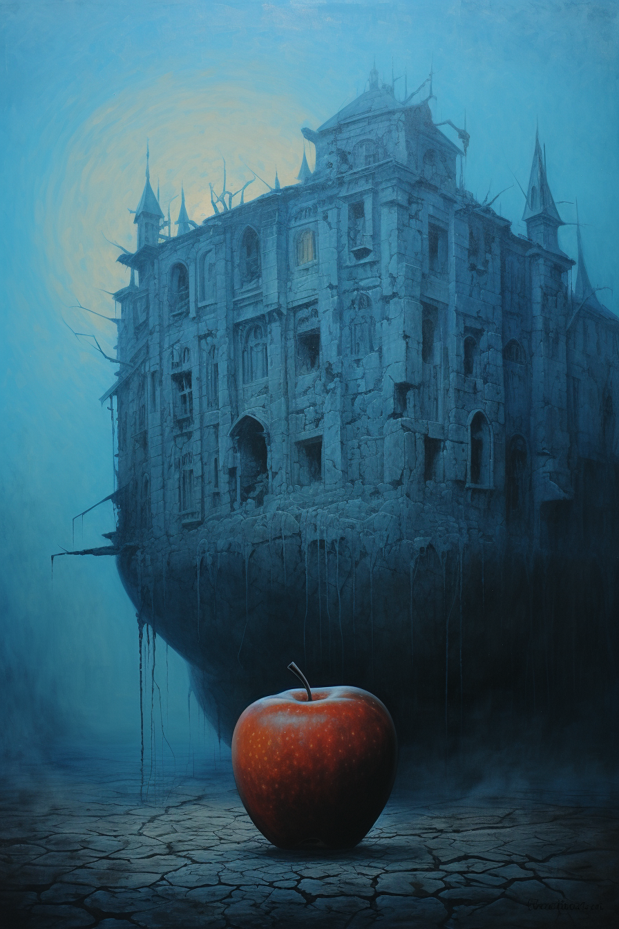 Beksiński's captivating blue apple oil painting