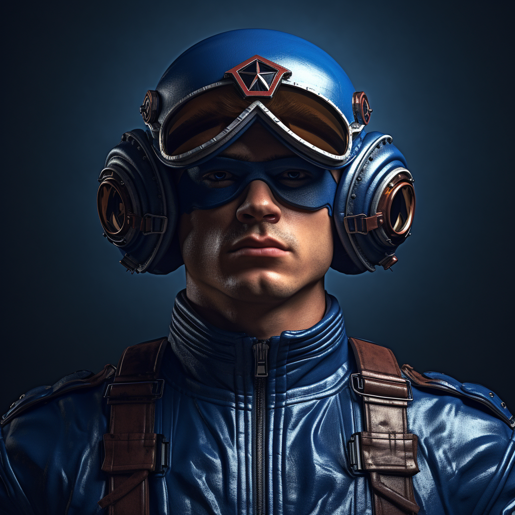 Powerful blue armored warrior with aviator hat and goggles