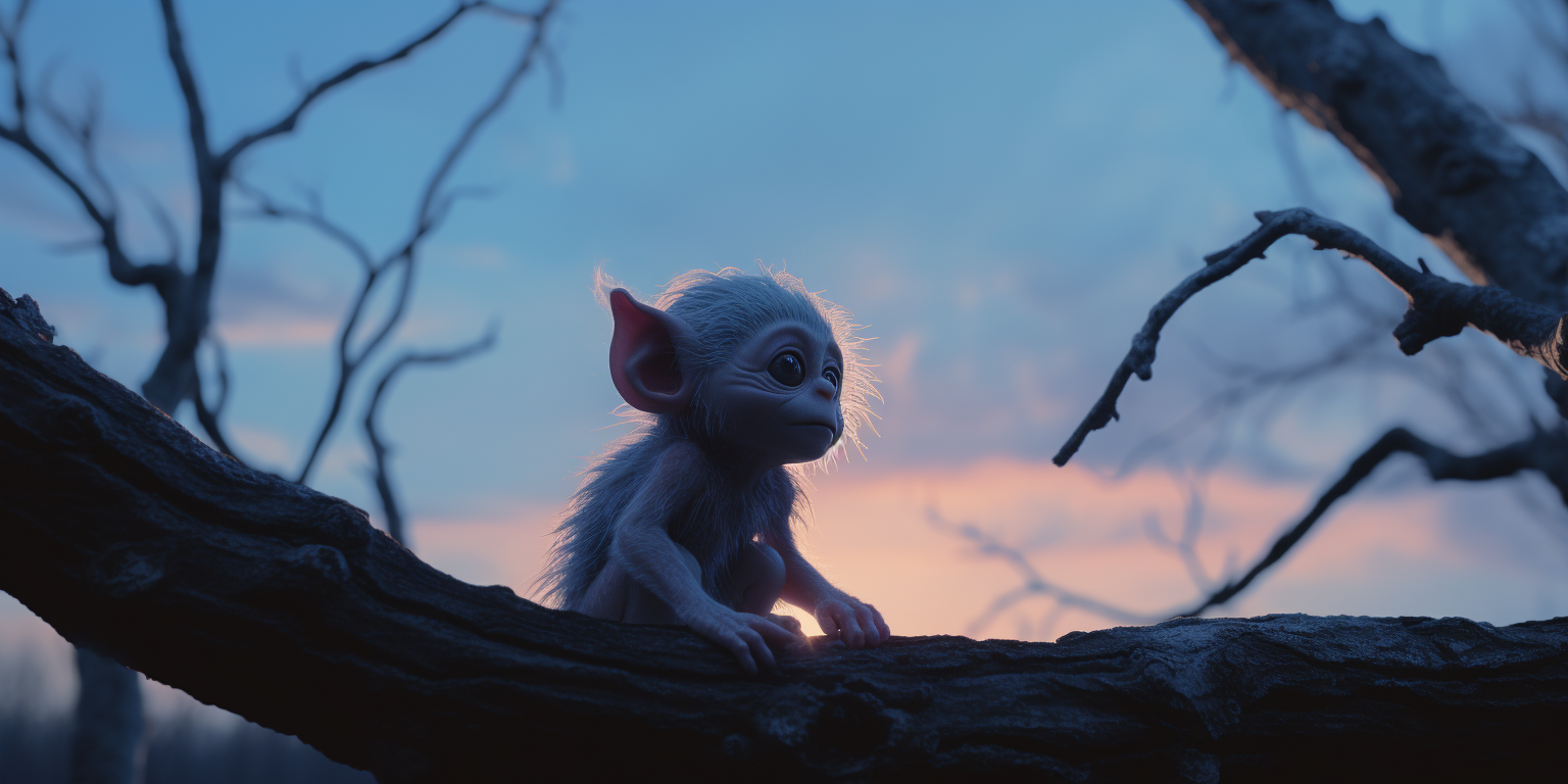 Adorable blue baby troll gazing at the moon