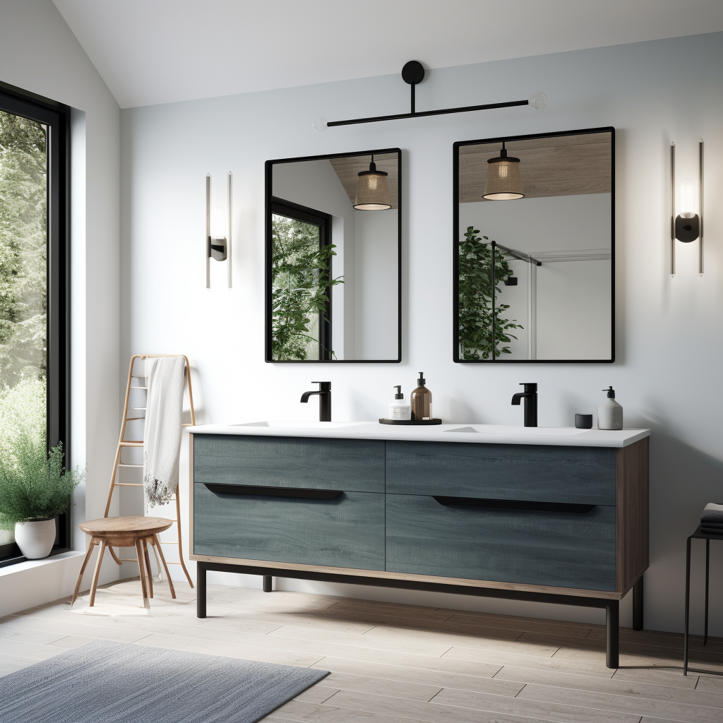 Slate blue bathroom vanity with black fixtures