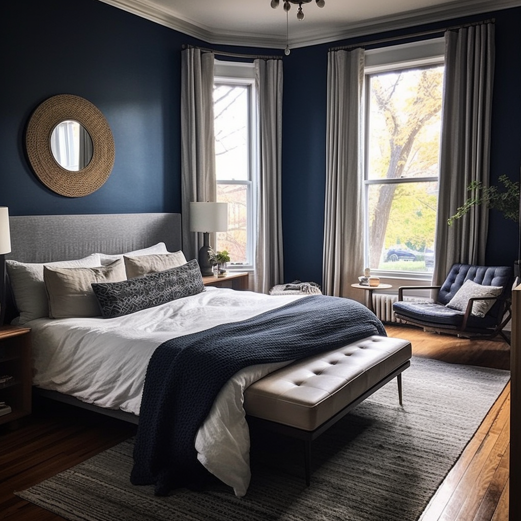 Stylish blue bedroom with wood bed