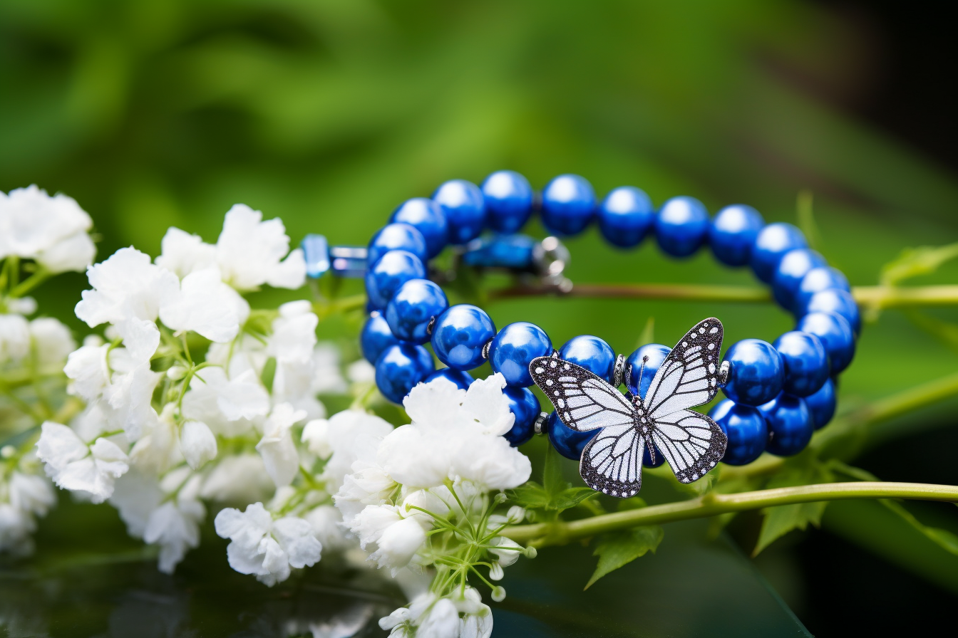 Blue butterfly on colorful flower with bracelet