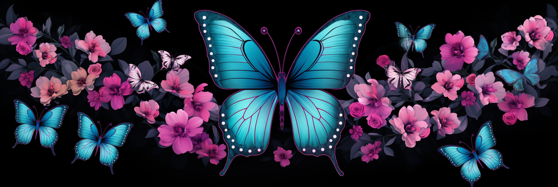 Beautiful blue butterfly and pink flowers