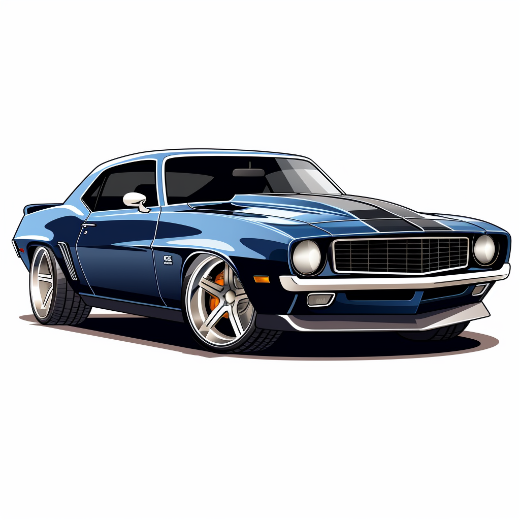 Cartoon-style blue Camaro Z28 muscle car logo