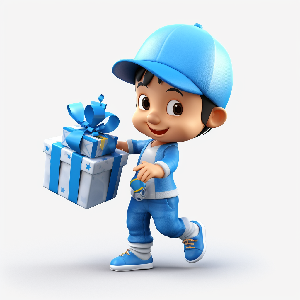 Character with blue cap carrying gifts