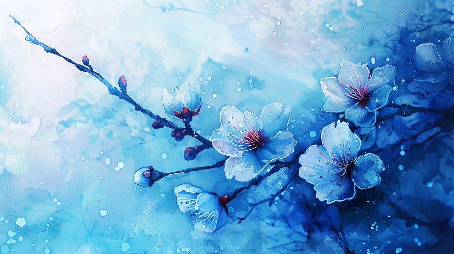 Blue Cherry Blossom Watercolor Draw