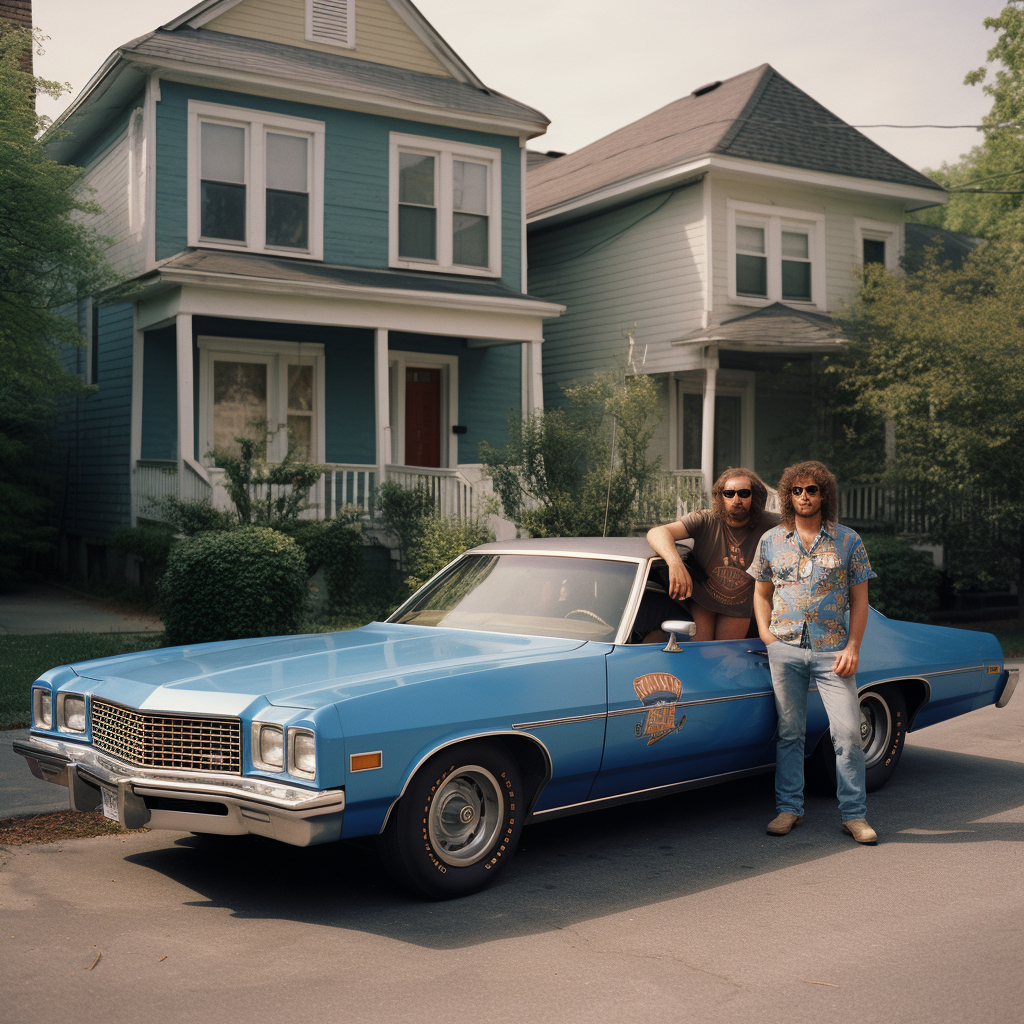 Two guys drinking beer next to a blue Chevy Impala