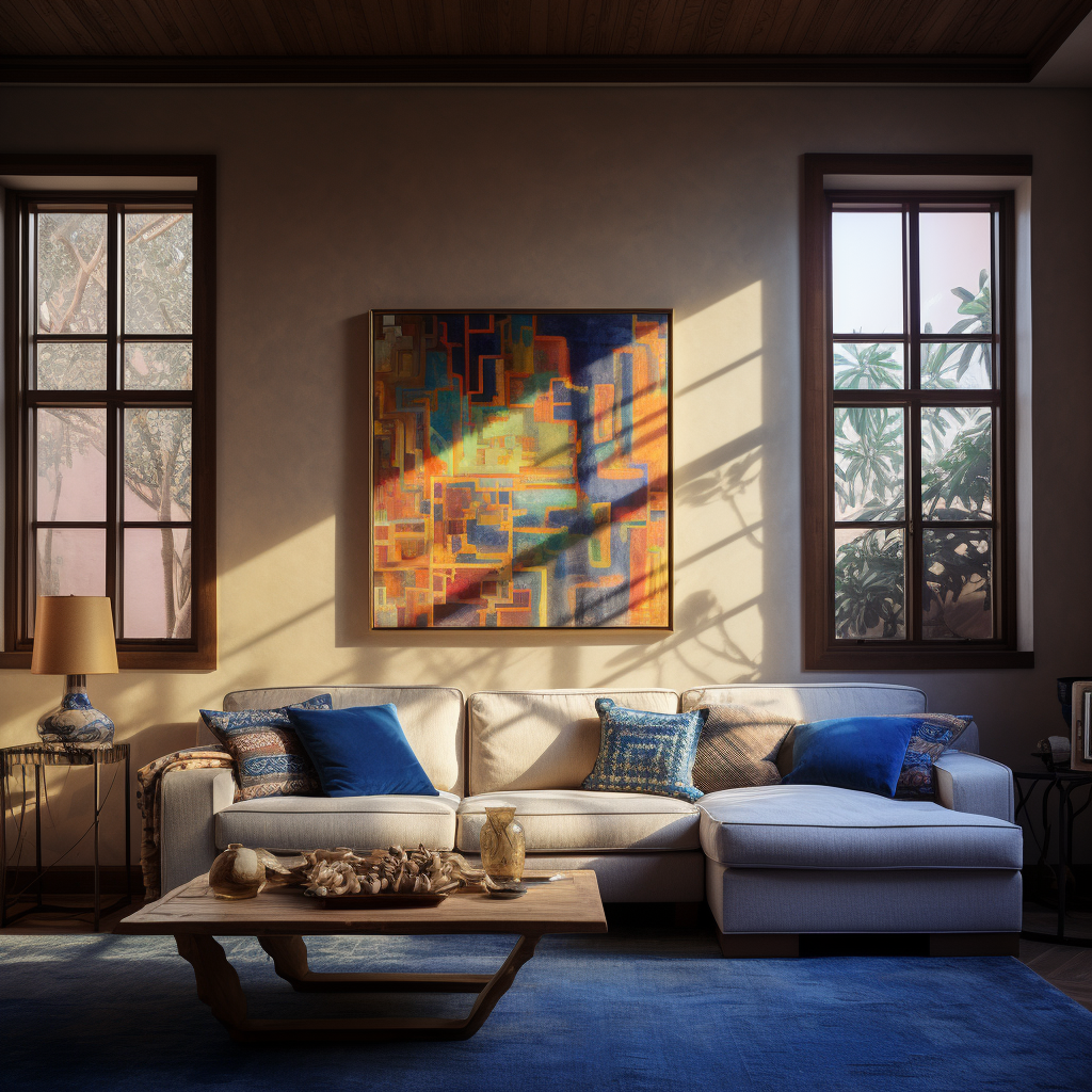 Beautiful blue creme family room with colorful art and iron windows