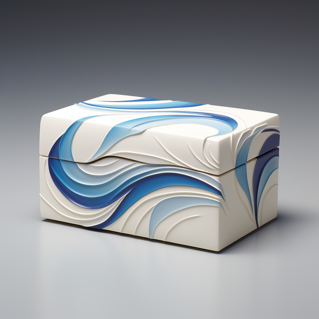 White rectangular box with blue artistic curve