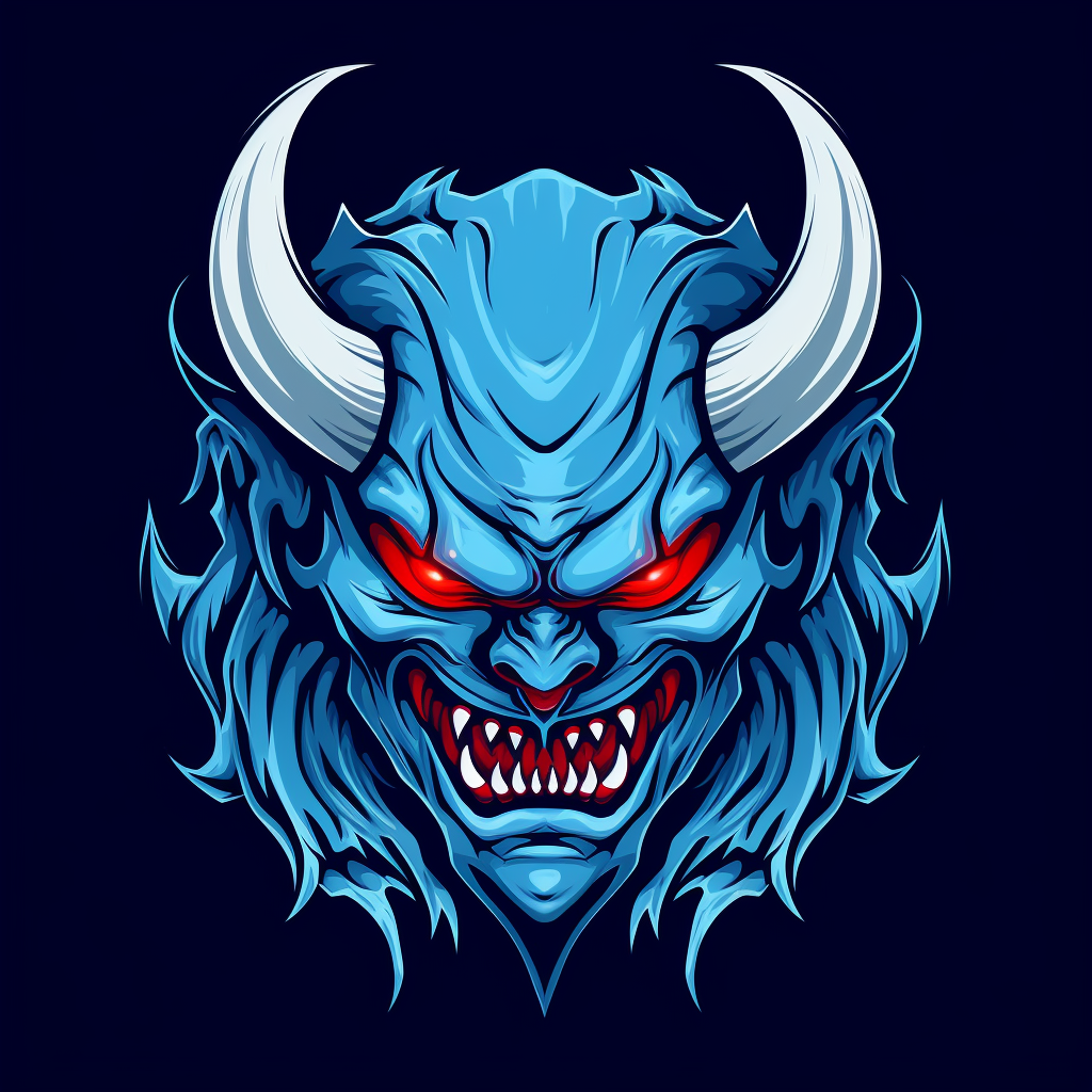 Blue demon monster logo with sharp teeth