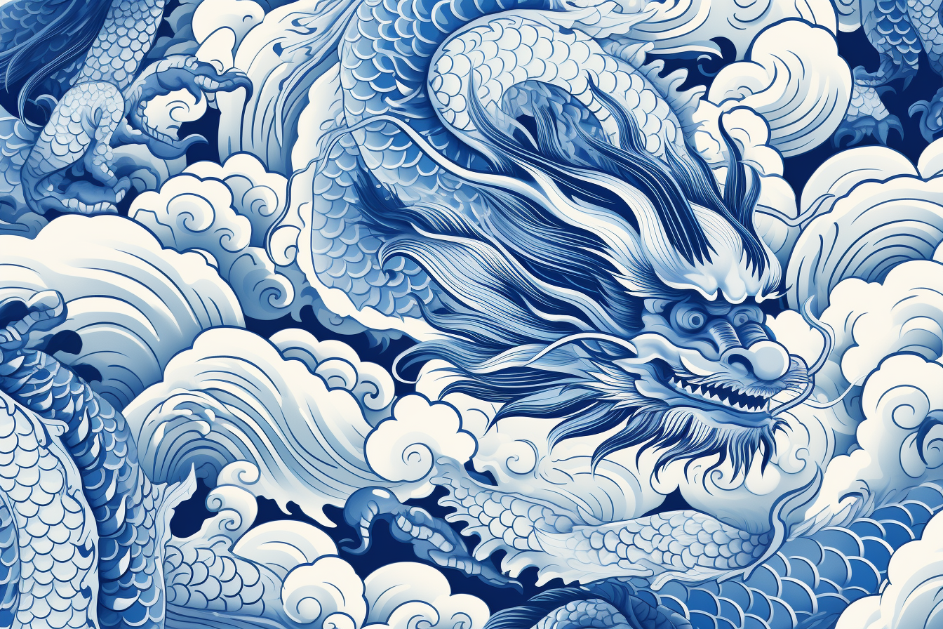 Repeating pattern of blue dragons