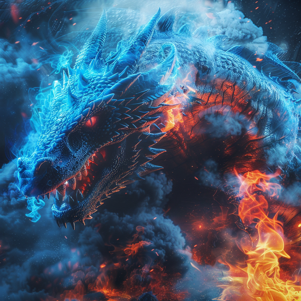 Blue dragon in fiery surroundings