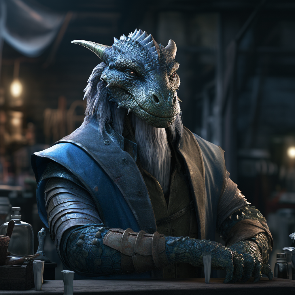 Blue Dragonborn Inventor in Workshop