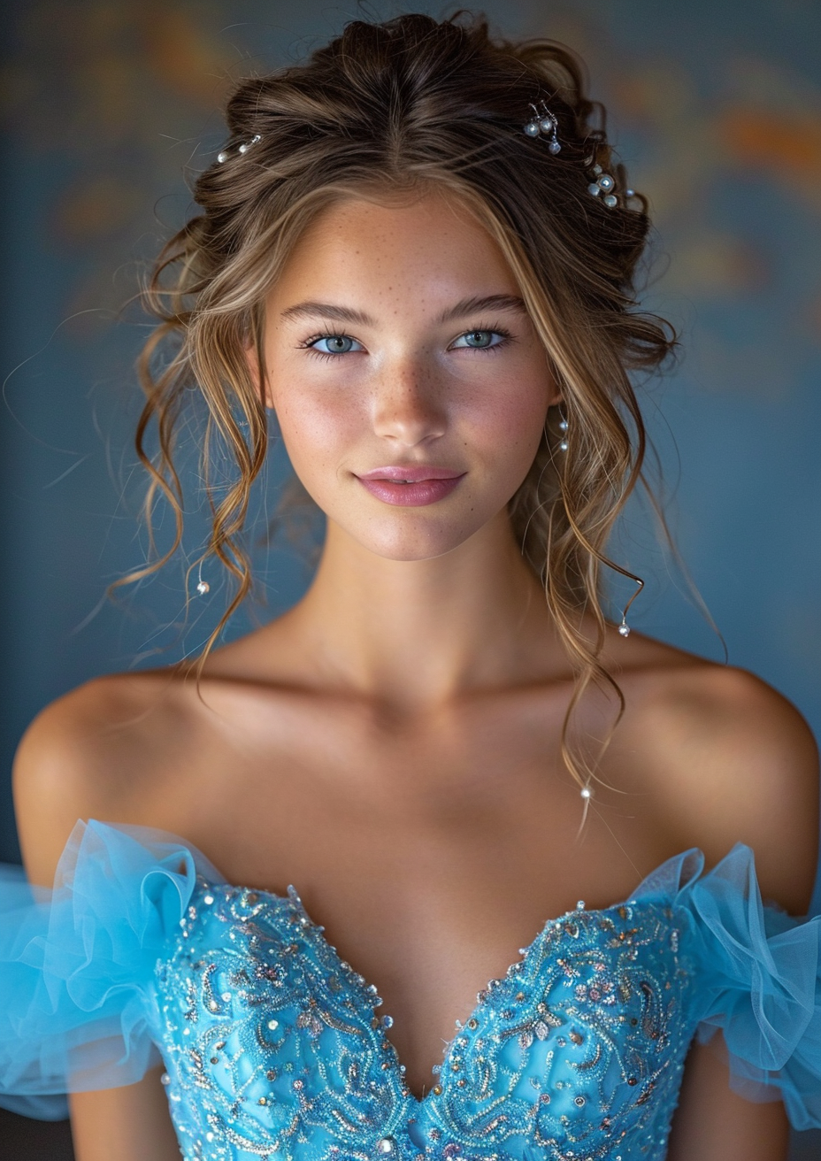 Teenage girl in elegant blue dress with short sleeves and pearls