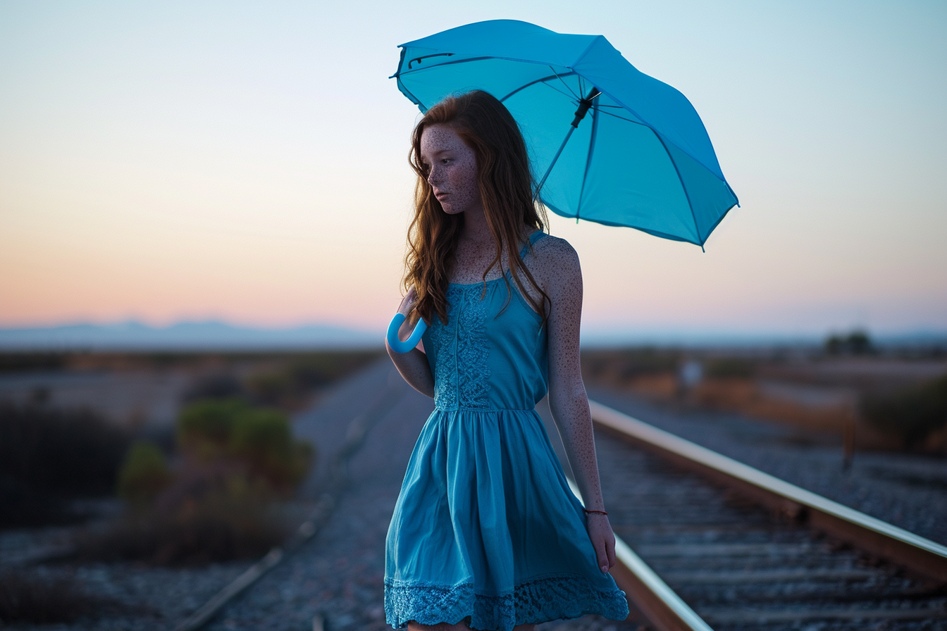 Woman with Blue Umbrella Walking on Railroad