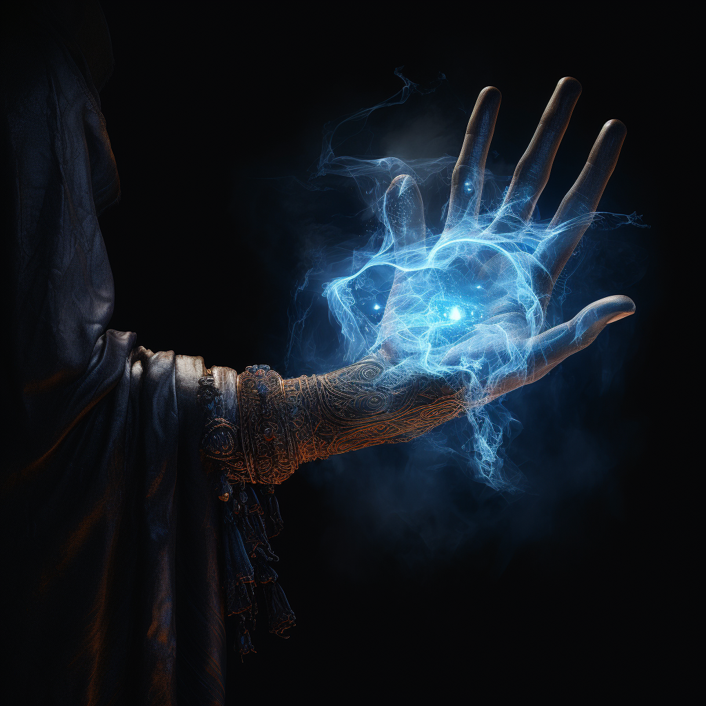 Blue electricity emanating from a young hand