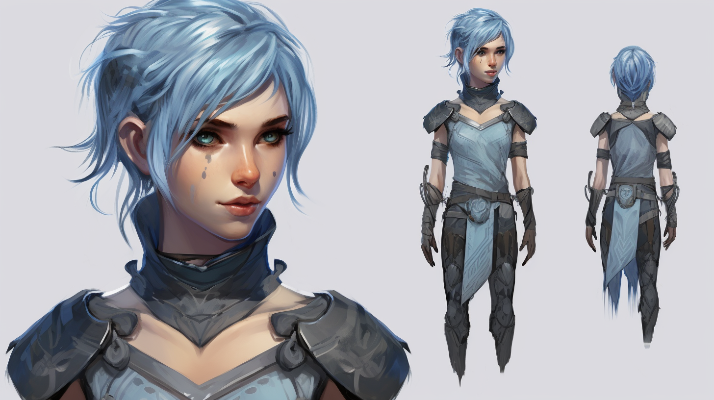 Blue-haired female elf fighter in silver armor