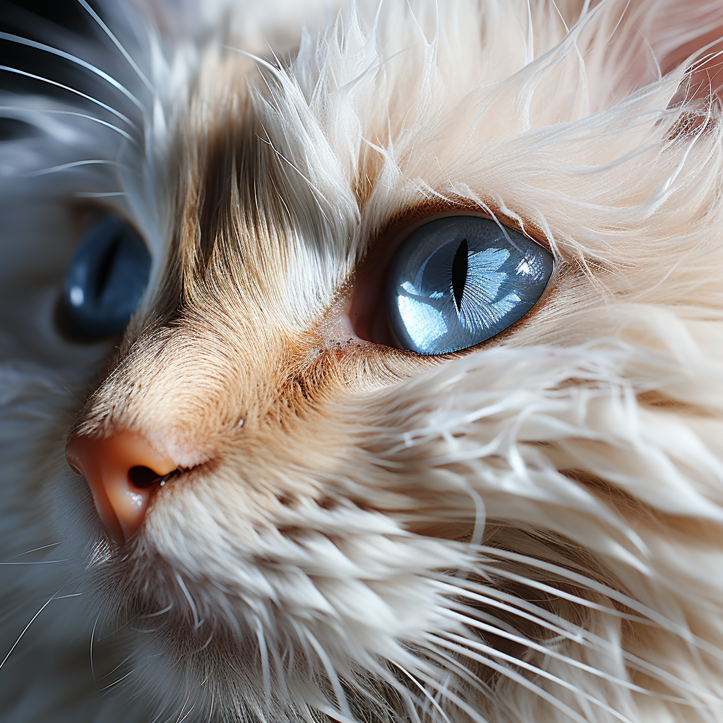 Close-up of a Blue Eye on a Cream Colored Long Fur Cat