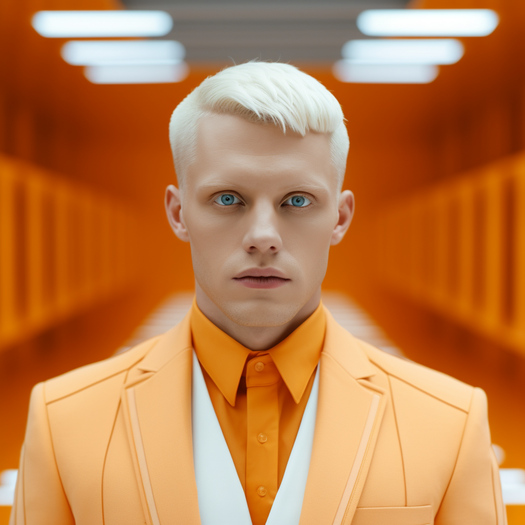 Blue-eyed Albino Caucasian Man in Orange Suite