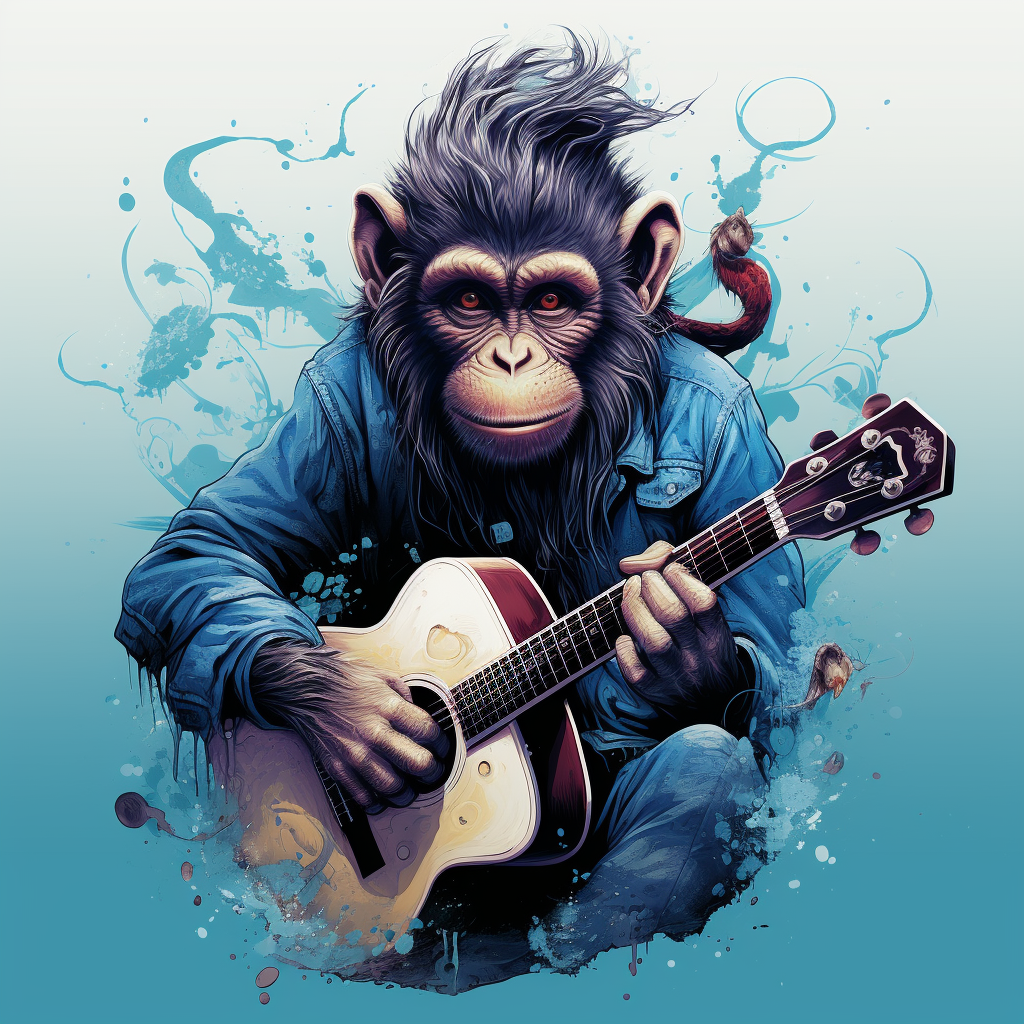 Monkey with blue piercing eyes playing guitar