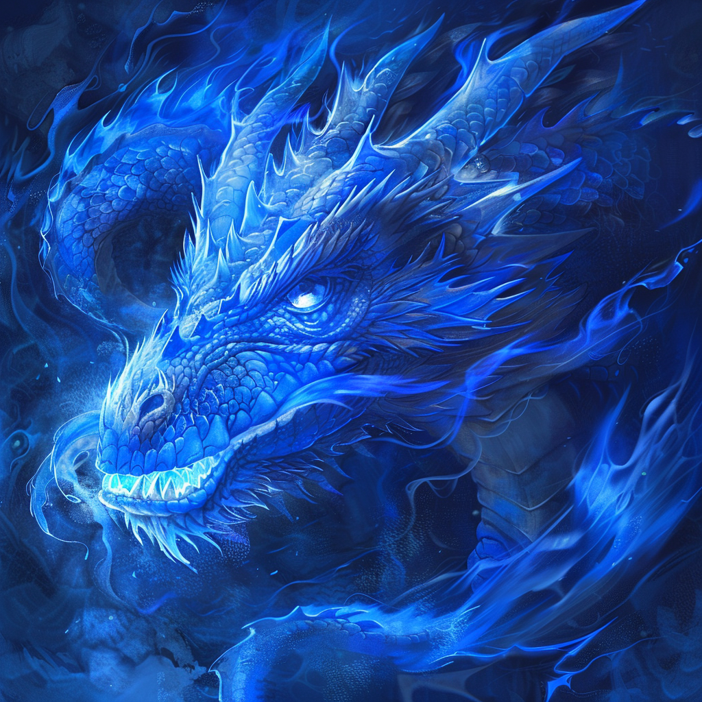 Fiery dragon face in blue