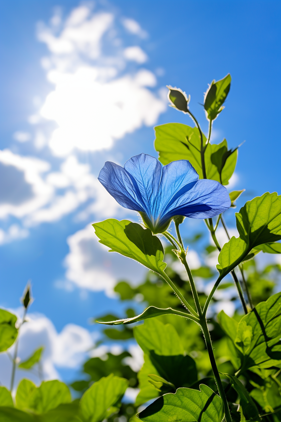 Vibrant blue flower with sunlit leaves