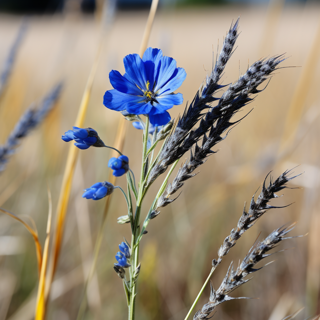 Vibrant blue flower amidst wild wheat