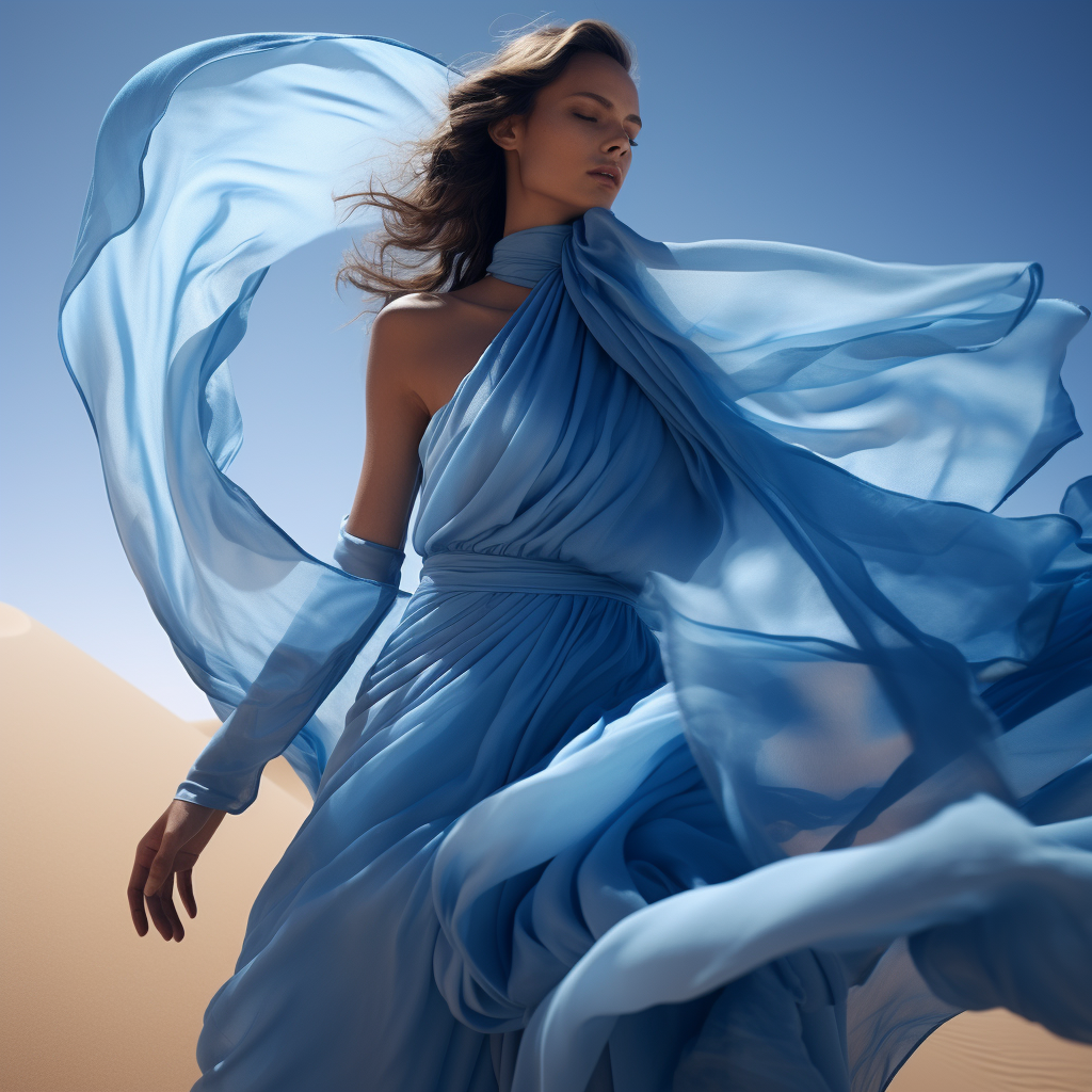 Female model in blue flowing clothes in the Sahara