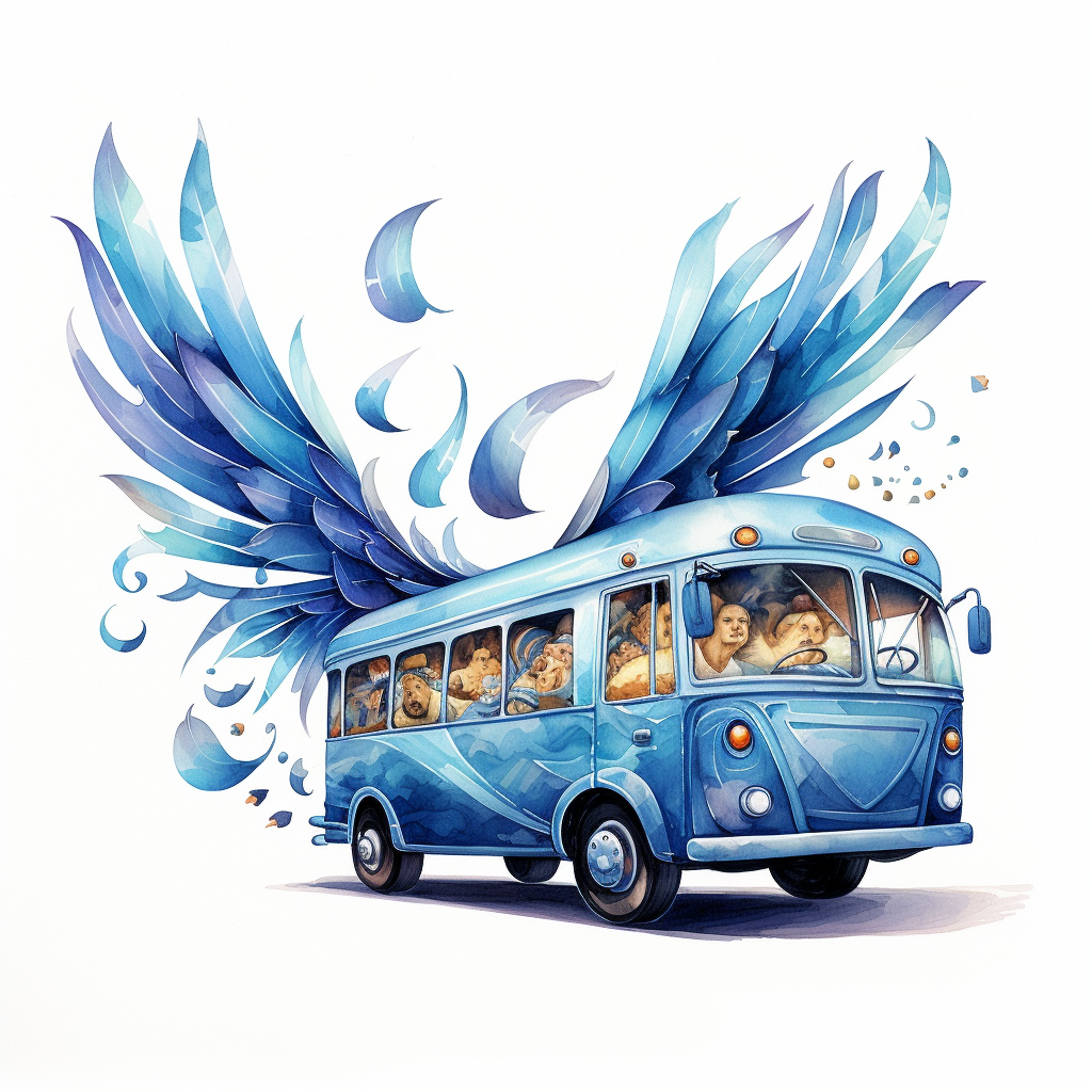 Whimsical blue flying bus illustration