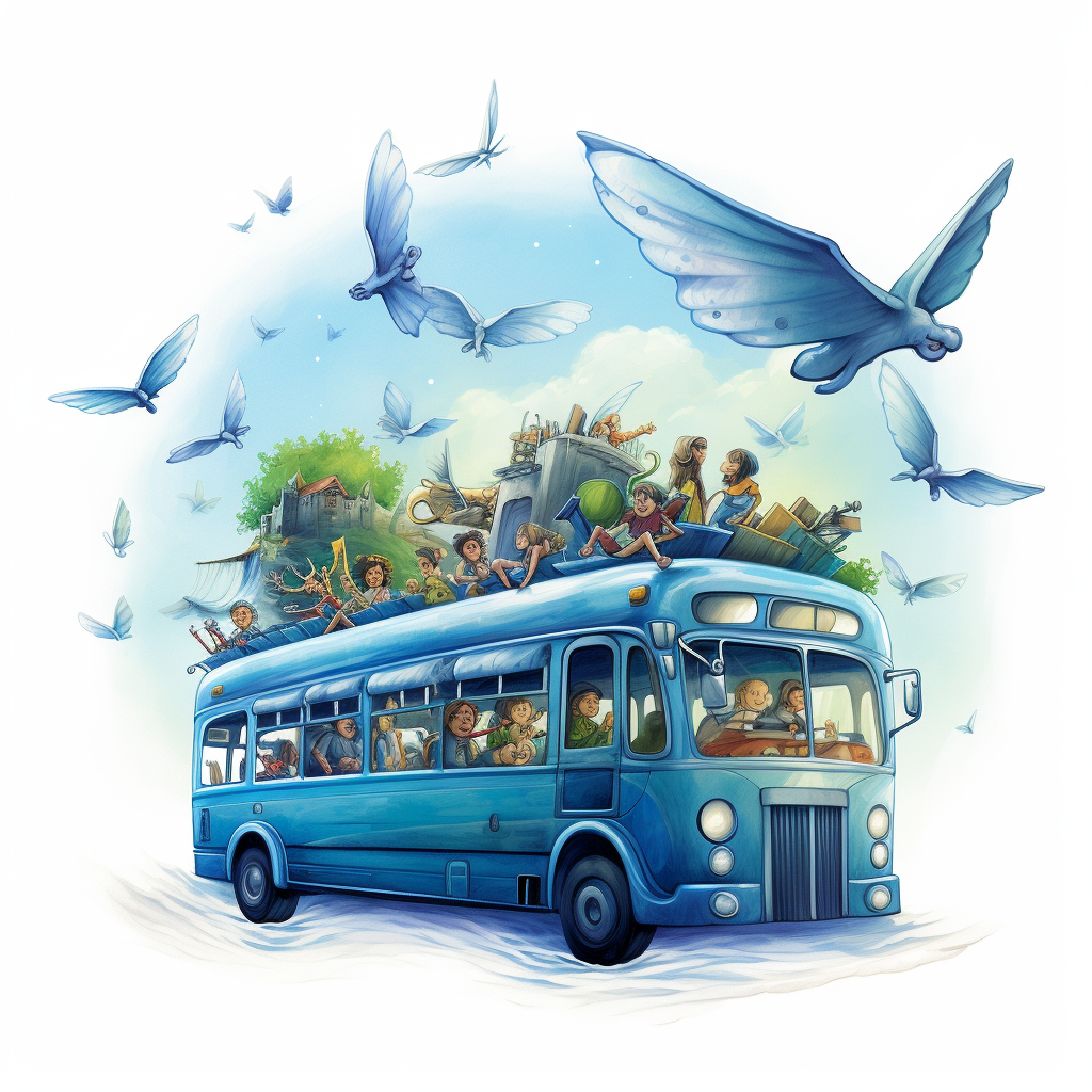 blue flying bus with children