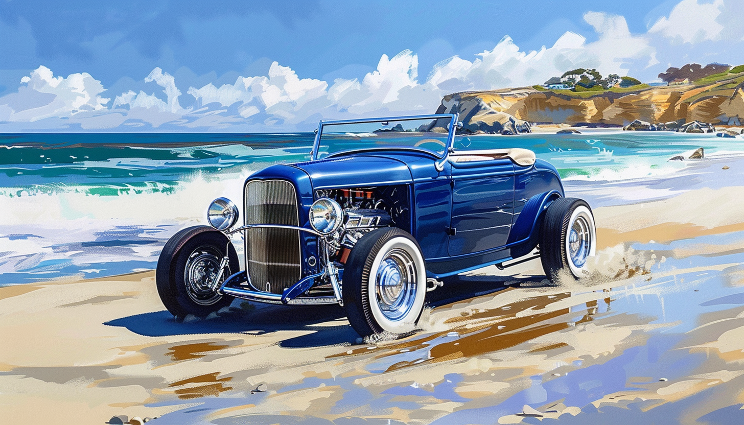 Blue Ford Highboy Roadster Beach