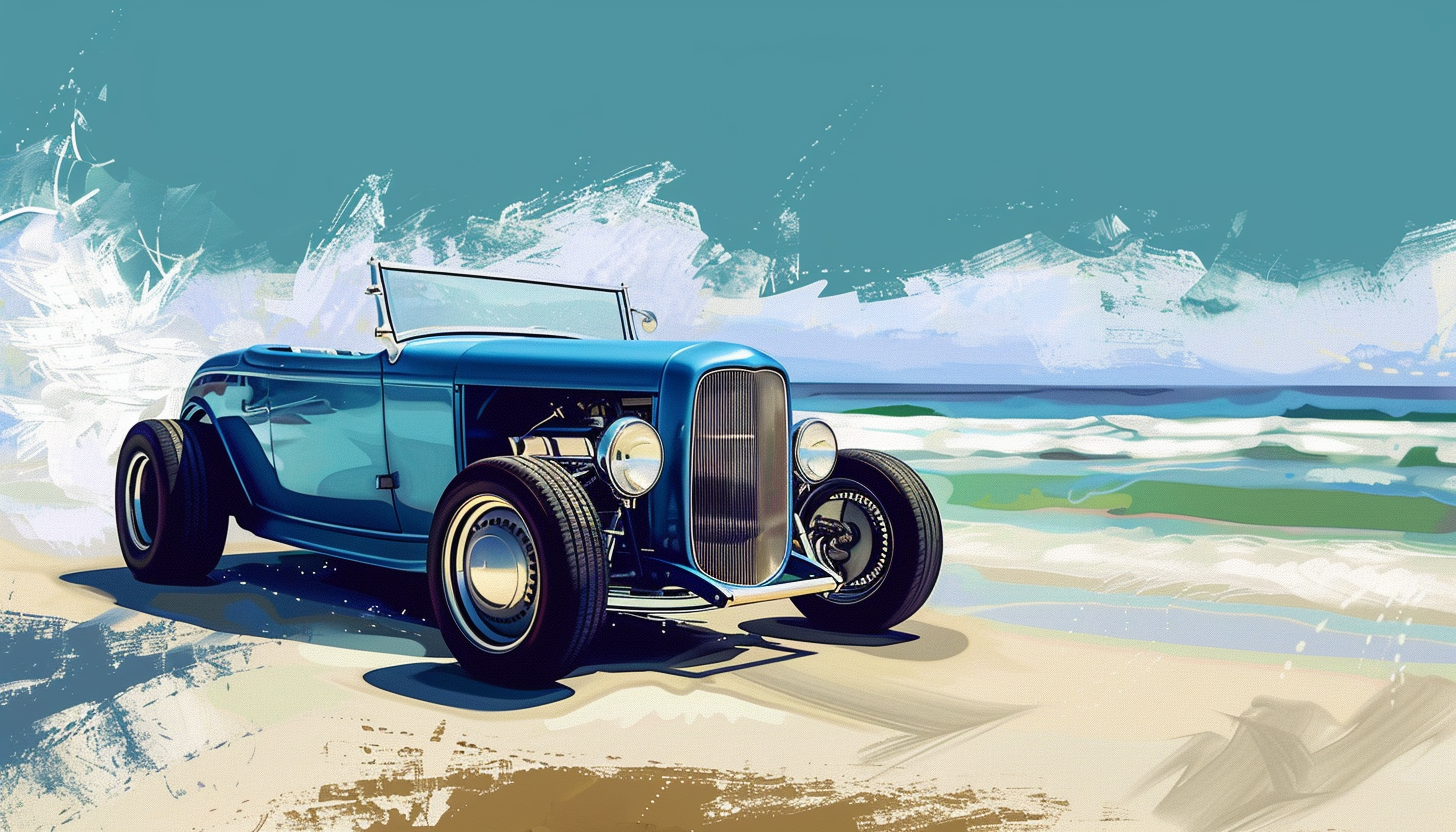 Blue Ford Roadster on Beach