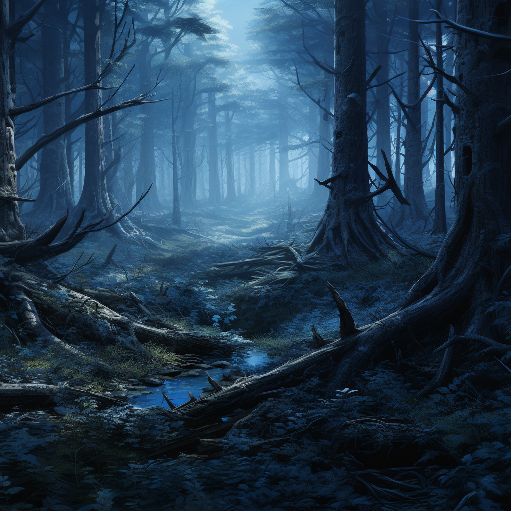 Ultrarealistic Blue Forest with Long Thin Trees