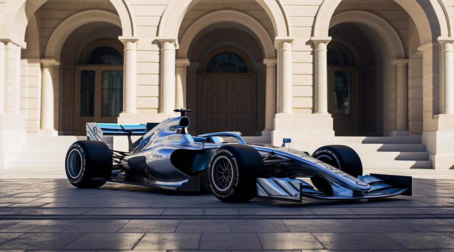 Blue Formula One Racing Car in Front of White Marble Building