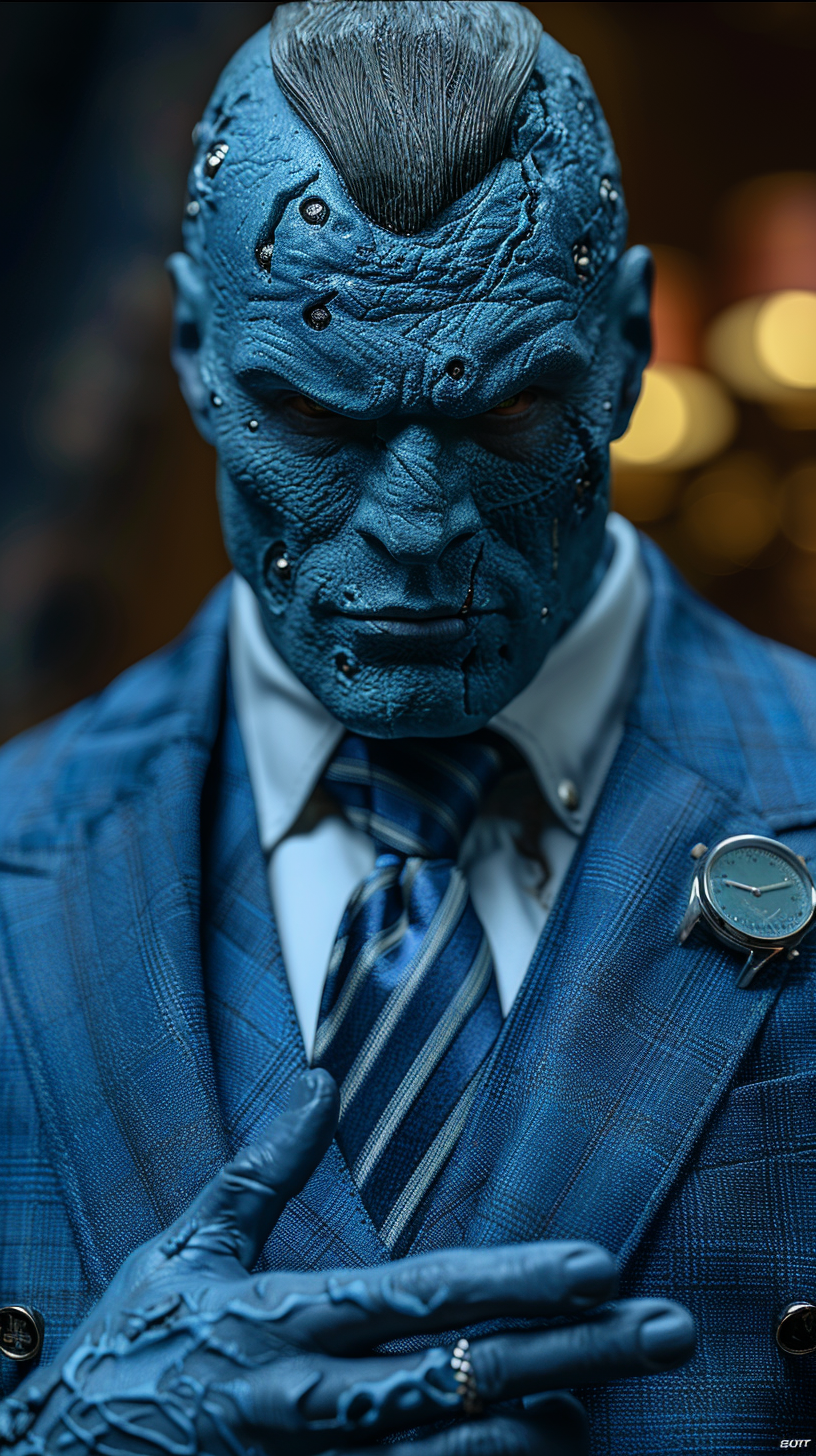 Blue Frankenstein pointing at watch