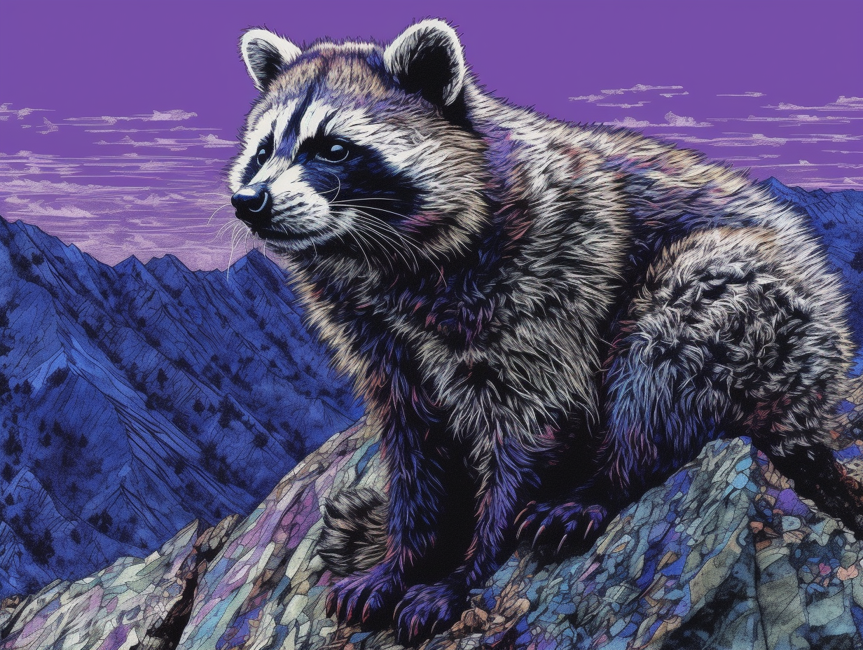 Blue-Furred Raccoon on Purple Mountain Peak