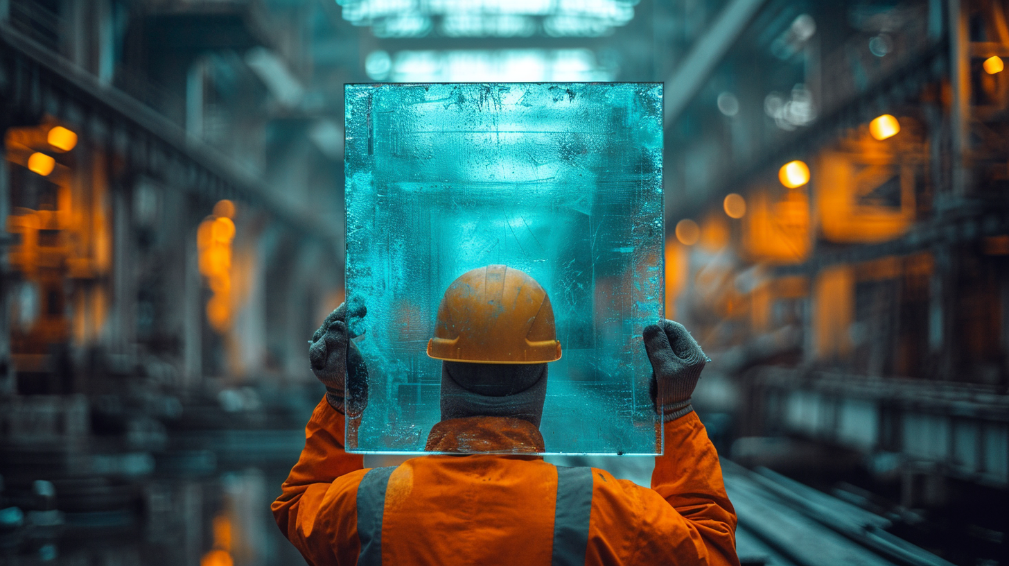 Blue glass pane with worker and safety equipments