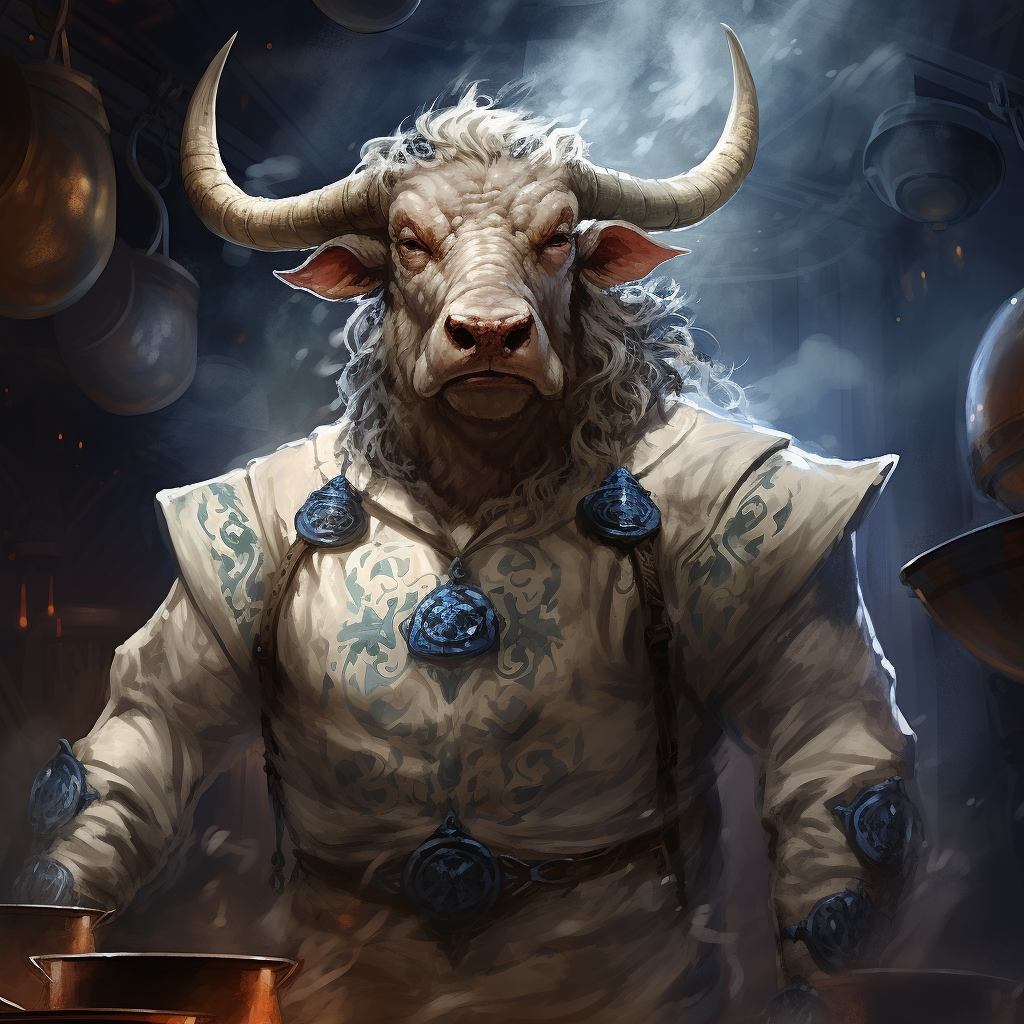 Blue glowing minotaur chef with cosmic spice pouches