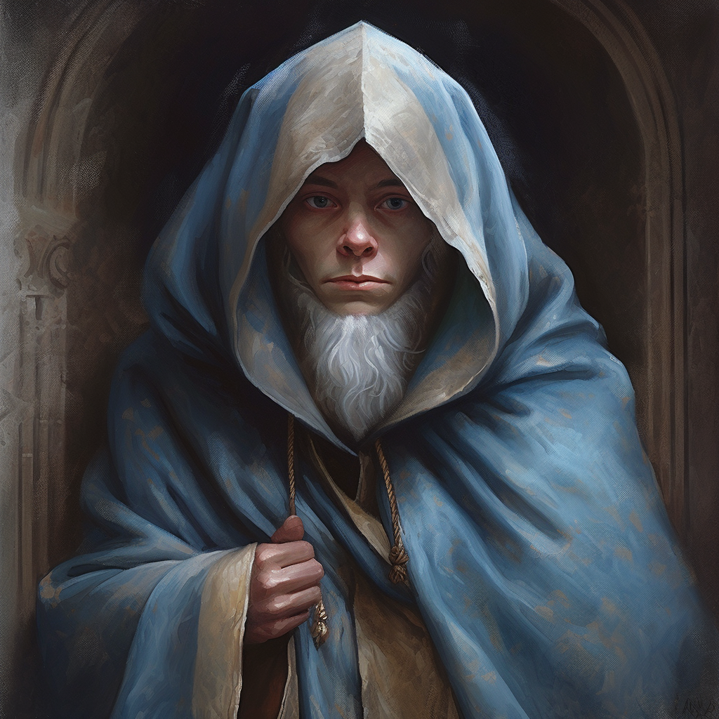 Young blue gnome with medieval traveling robes and cloak