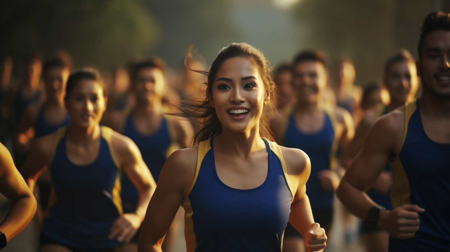 Contestants wearing blue and gold tank tops