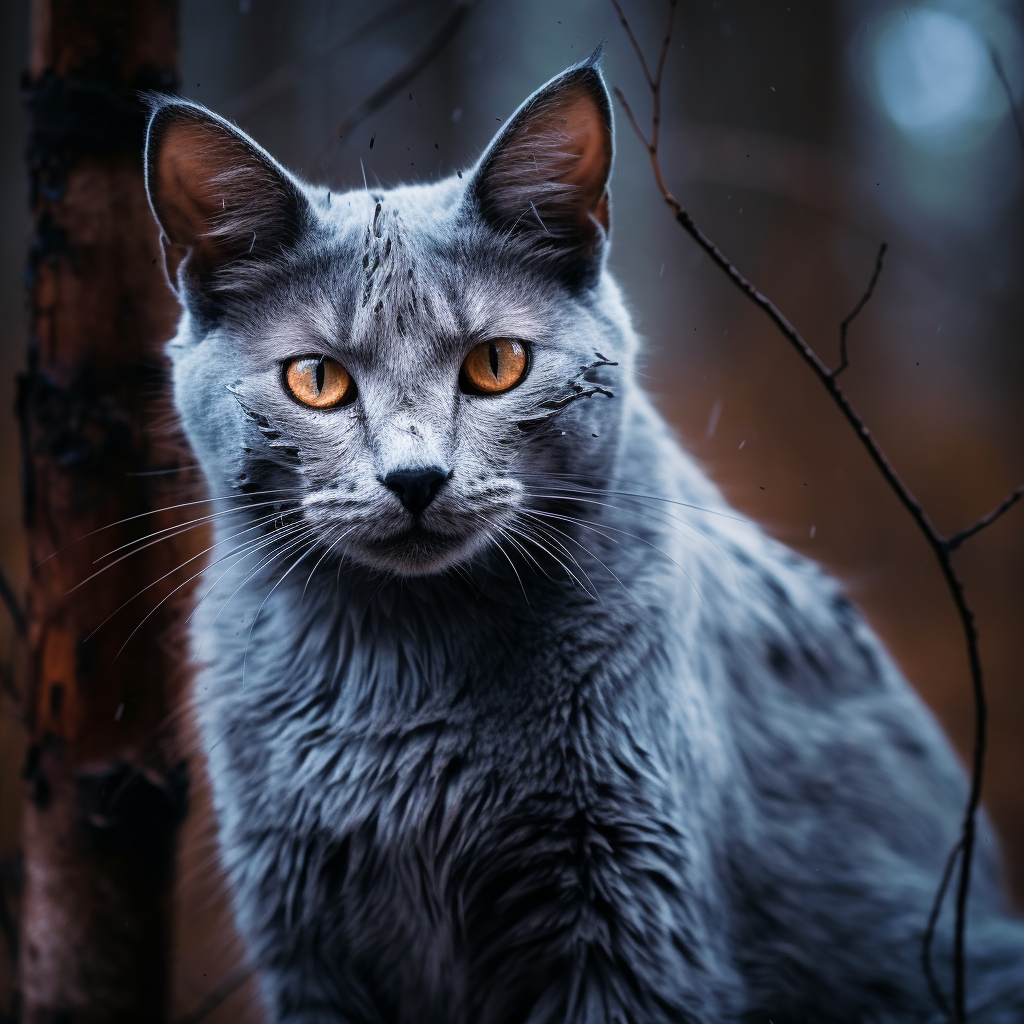 Injured blue-gray warrior cat with heterochromia in forest