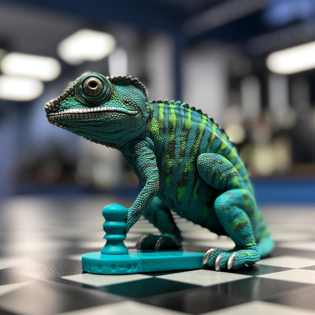 Blue Green Chameleon on Chess Board